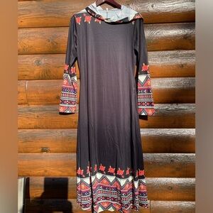 👗  Hooded Dress MAXI Bohemian Roses AZTEC w/ Pockets Fits Variety Sm-Lg 👗